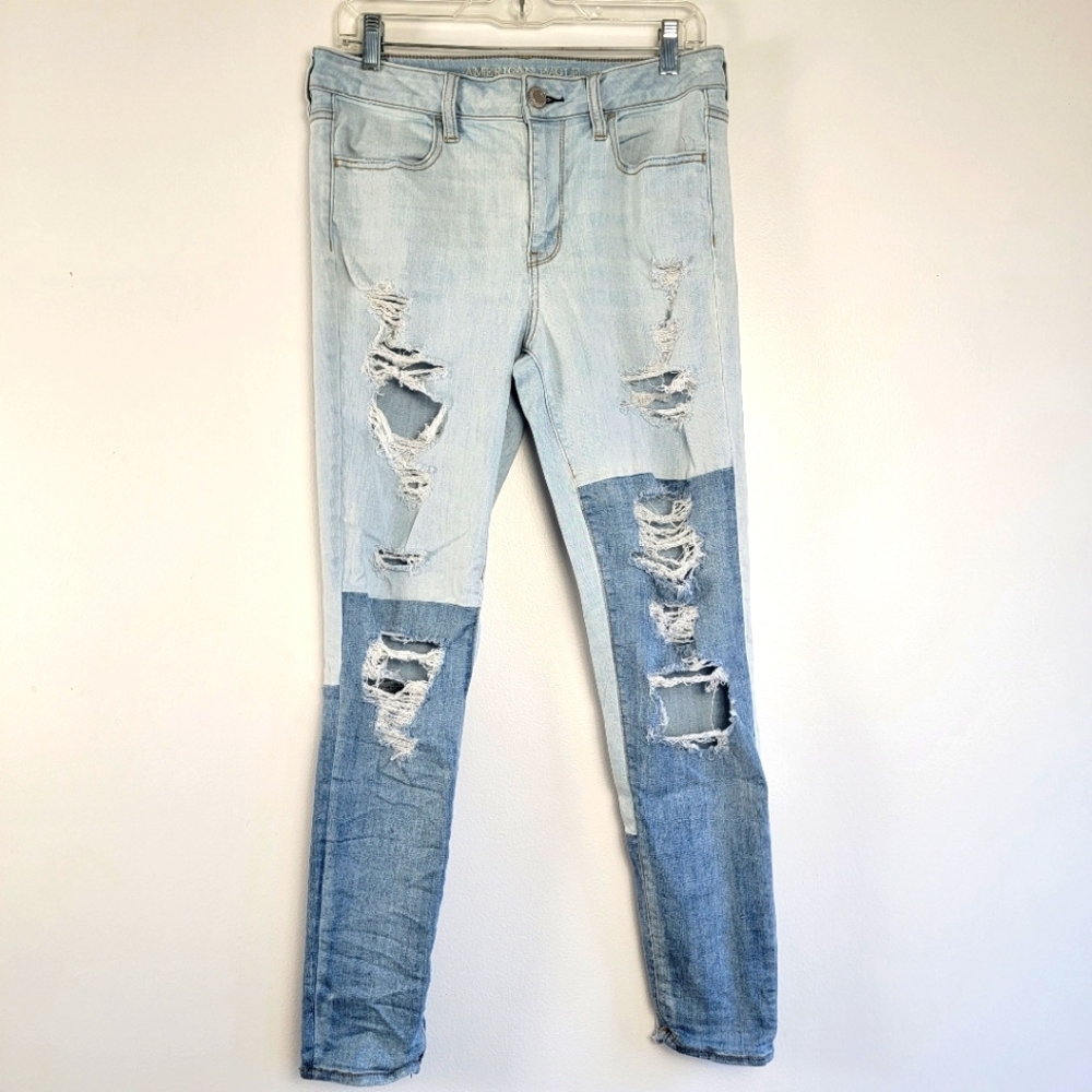 American Eagle Distressed Colorblock Jeans Super Stretch Hi Rise 10 Regular 2017